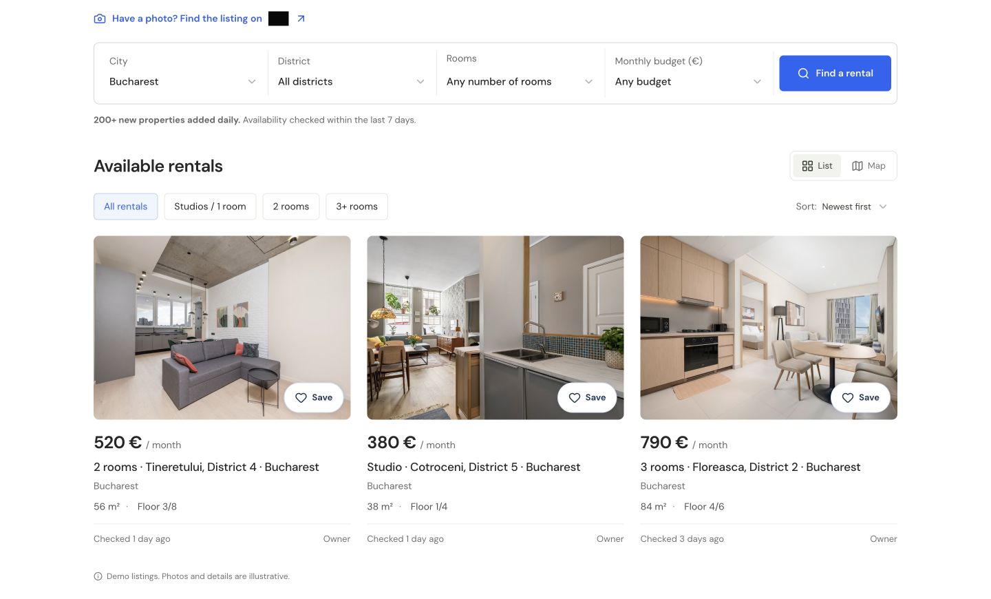 Property search with filters and rental listings